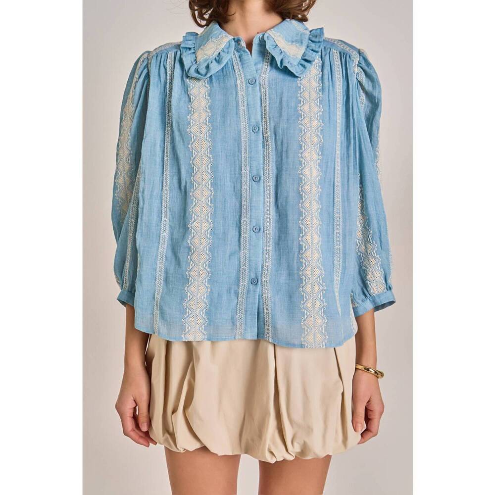 Light Blue Lace-Trim Button-Up Women's Top